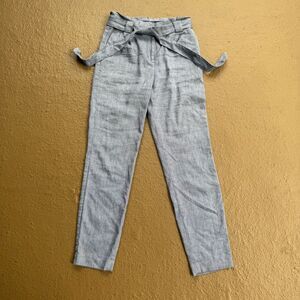 EXPRESS Linen Blend Ankle High Rise Paperbag Waist Pant Sz 0L Blue Career